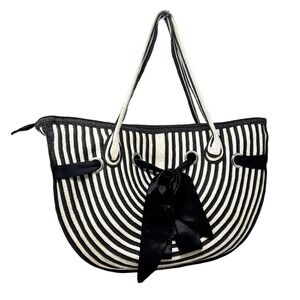 Ratan Black White Striped Tote Bag Half Moon Ribbon Tie Beach Resort Bag Zip Top